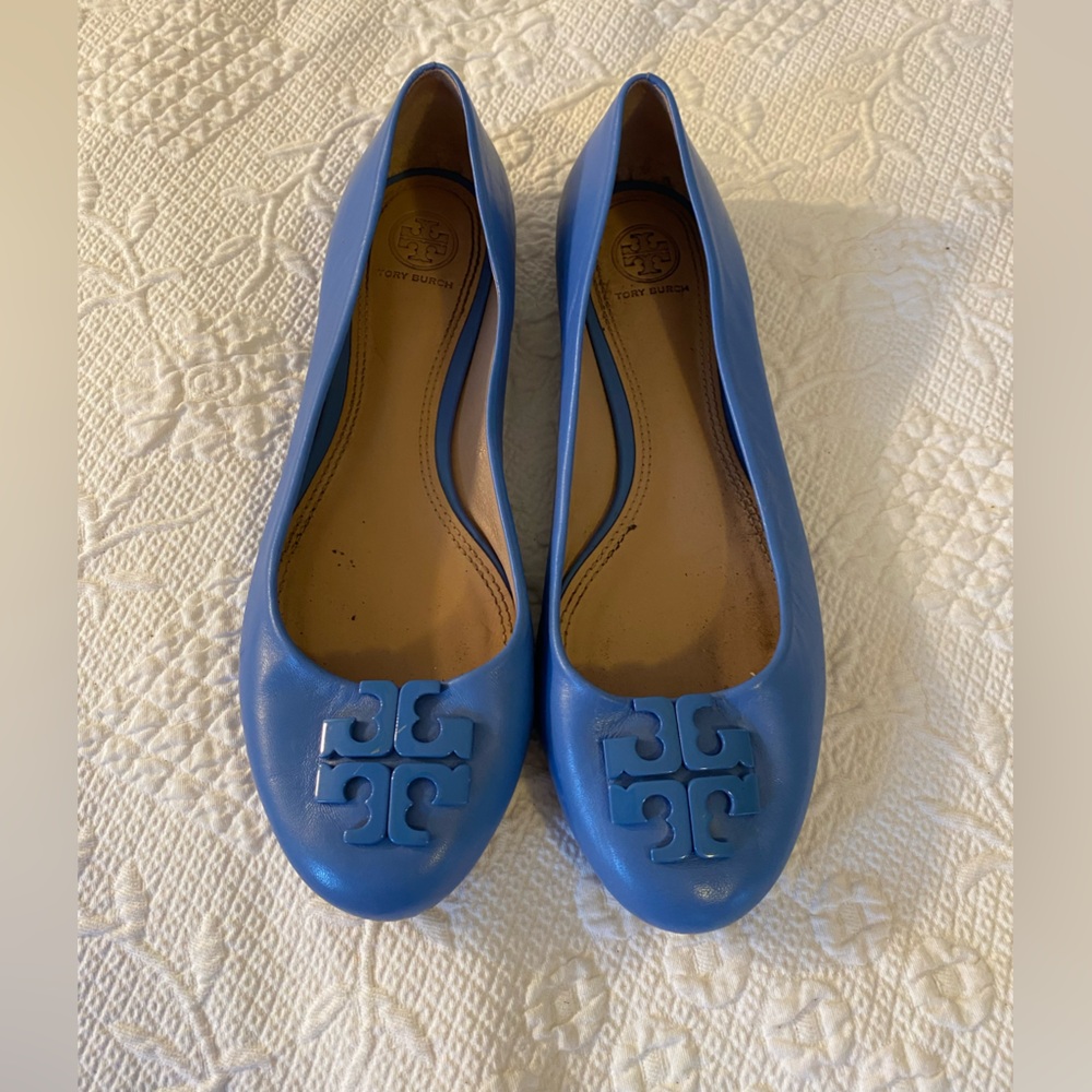 Tory Burch Azure Blue Flats with Metal Emblem